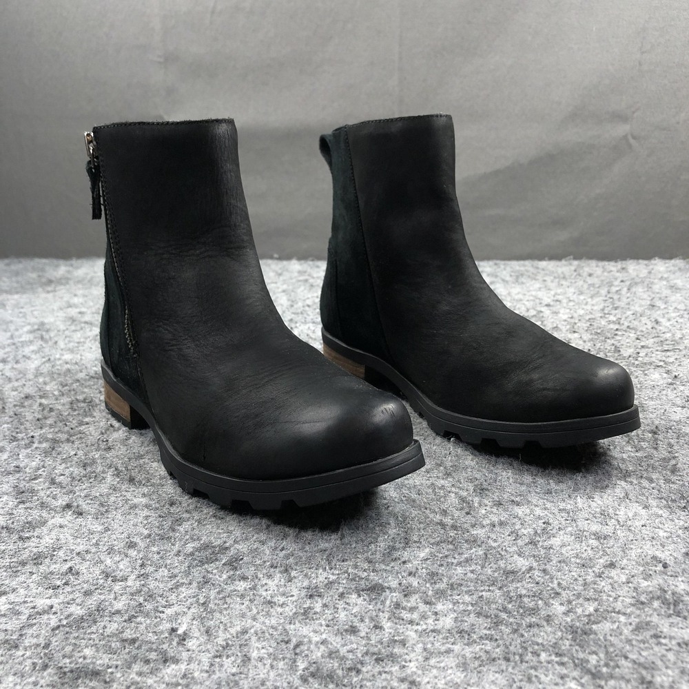 Sorel Emelie Boots Womens 8.5 Black Leather Waterproof Zip Ankle NL3502-010